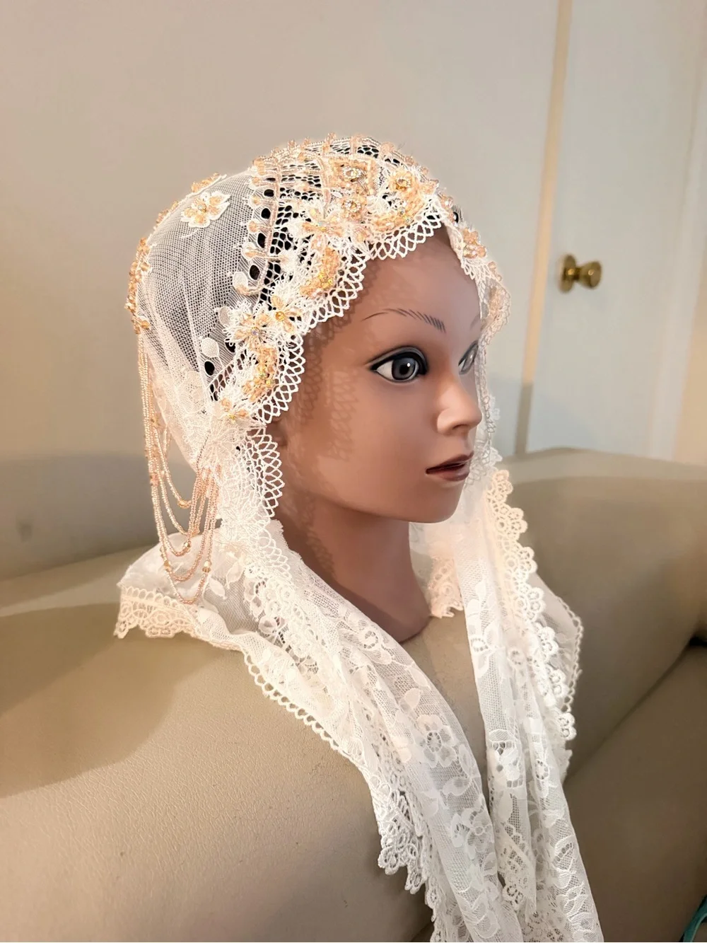 Embellished White Lace Headscarf with Gold Bead Accents